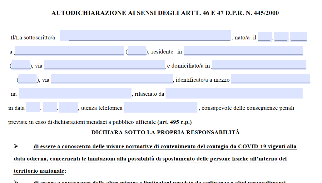 Autocertificazione, ritorna il modulo per gli spostamenti